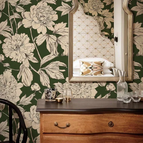 Vista 4 de Simon&Siff Papel Tapiz Lineal Floral, Papel Tapiz Blanco y Negro Despegar y Pegar Flores Boceto Papel de Pared Floral Removible para Dormitorio Baño