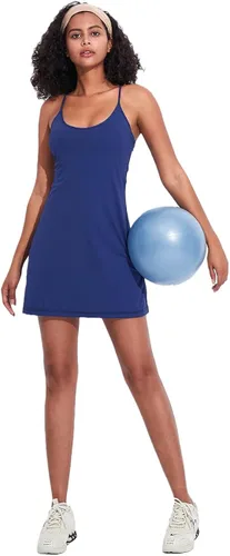 Vista 3 de Vestido de entrenamiento para mujer con brasier y pantalones cortos integrados, sin mangas, vestido atlético de tenis y golf con bolsillos