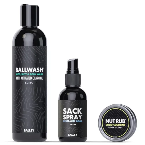 Vista 5 de Ballsy Paquete de saco, kit fresco para hombre, incluye gel de baño, spray desodorizante y colonia frotar, cuidado corporal para hombres, paquete