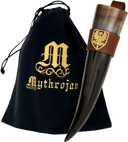 Vista 27 de Mythrojan Cuerno vikingo para beber 100% natural, auténtico, decoración de latón, cuerno nórdico con funda de cuero negro, bolsa de lona para vino