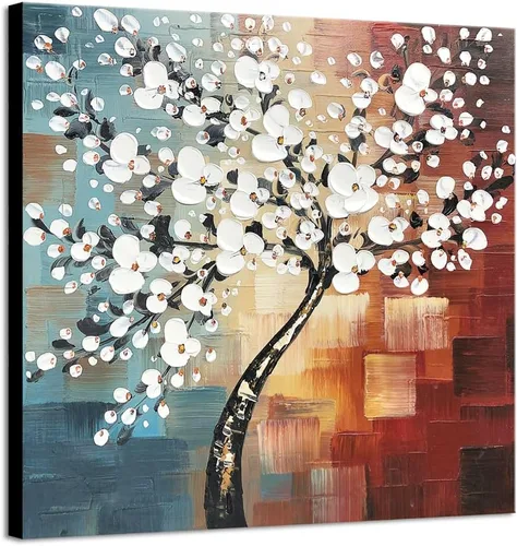 Vista 10 de Wieco Art Morning Glory - Arte de pared enmarcado, 24 x 24 pulgadas, 100% pintado a mano, pintura al óleo abstracta de flores blancas, decoración