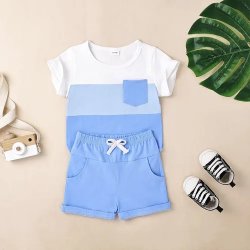 Vista 90 de Ropa para bebé niño pequeño, trajes de verano de manga corta, camiseta de retazos y pantalón con bolsillo, conjunto de 2 piezas, 12 meses a 4 años