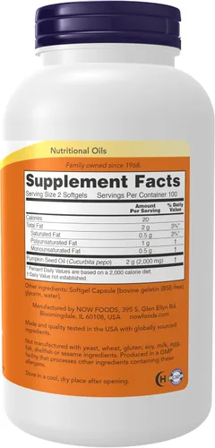 Vista 2 de NOW Suplementos, aceite de semilla de calabaza 1000 mg con ácidos grasos esenciales y fitoesteroles, prensado en frío, 200 cápsulas blandas