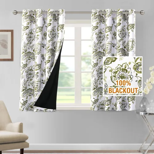 Vista 39 de H.VERSAILTEX - Cortinas 100% blackout con estampado floral de cattleyas, 45 pulgadas de largo, juego de 2 paneles térmicos con forro negro, a prueba
