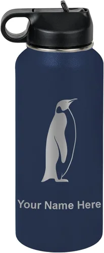 Vista 56 de LaserGram Botella de agua personalizada, pingüino, acero inoxidable de doble pared aislada al vacío con popote superior, regalo grabado