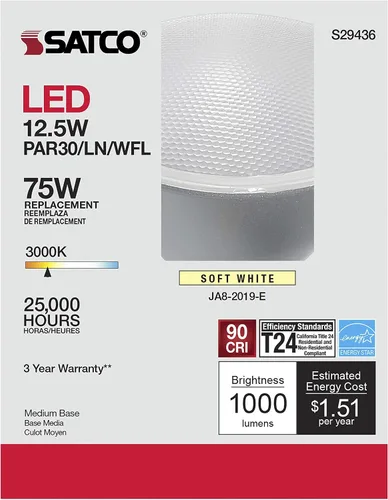 Vista 7 de Satco PAR30LN - Bombilla reflectora LED de 12.5 W, 3000 K, blanco suave, 1000 lúmenes, 60 grados, ángulo de haz E26, base media, 120 voltios