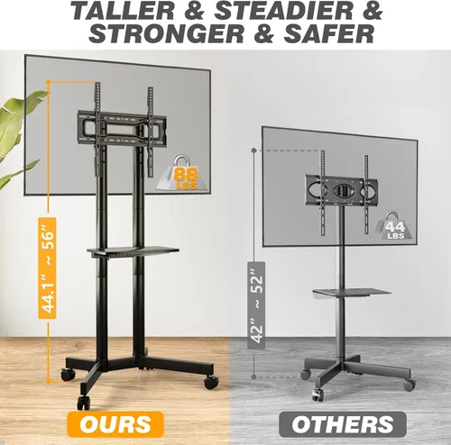 Vista 5 de Soporte de TV rodante con ruedas mejoradas para televisores de 32 a 75 pulgadas, soporte de TV móvil de altura ajustable con estante para laptop