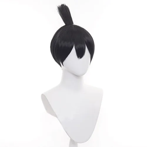Vista 5 de Lwiuentx Peluca negra de anime Cosplay Hayakawa Aki con cola de caballo para hombres y mujeres, fiesta de Halloween + gorra de peluca gratis