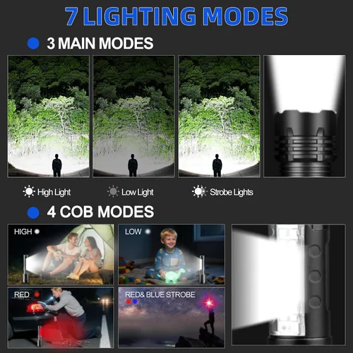 Vista 3 de Linternas Recargables de Alto Lumen, Linterna Recargable de 7 Modos, Linterna LED Súper Brillante con Luz Táctica Ajustable, Linterna de Mano