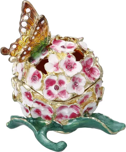 Vista 7 de Caja de joyería de flores de hortensias pintada a mano, joyero esmaltado con bisagras, organizador único de joyas de mini anillos, almacenamiento