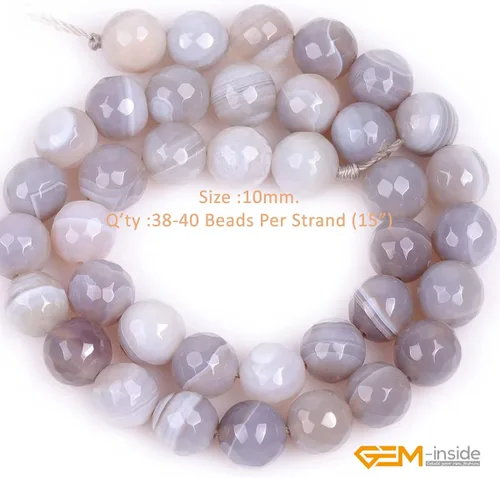Vista 2 de GEM-Inside - Cuentas sueltas de ágata gris con banda para hacer joyas, redondas de 0.394 in, facetadas de 15 pulgadas