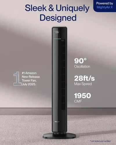 Vista 2 de Della 42" Ventilador de torre inteligente, ventilador de enfriamiento ultra silencioso de 23dB con 12 velocidades, oscilación de 90°, flujo de aire