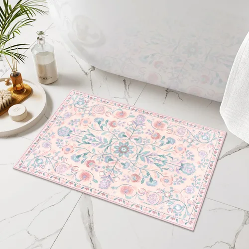 Vista 11 de Uphome Alfombra de baño bohemia con diseño floral beige, ultra suave, antideslizante, vintage, lavable a máquina, alfombra de baño floral para baño