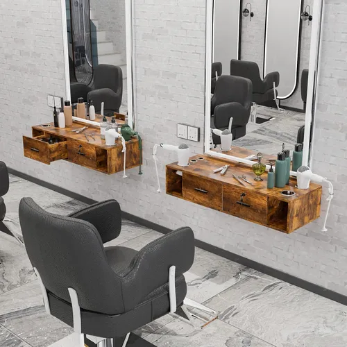 Vista 3 de Leadzm Estación de peinado de montaje en pared para estilistas, equipo de peluquería de belleza, estación de gabinete de salón con cajones