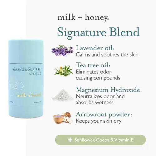 Vista 4 de milk + honey Desodorante No. 09 - Desodorante natural sin bicarbonato de sodio, sin aluminio para mujeres y hombres, aroma a lavanda y árbol de té