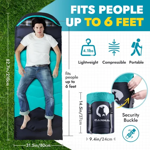 Vista 3 de CANWAY Saco de dormir de franela para adultos, niños, niñas, niños, camping, mochilero, saco de dormir para clima frío y cálido con saco
