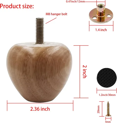 Vista 2 de Patas de madera de 2 pulgadas para muebles, patas de repuesto de muebles de sofá de madera maciza, patas de gabinete/escritorio/estantería