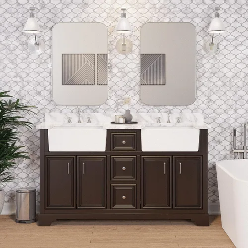 Vista 2 de Kitchen Bath Collection Zelda - Mueble de granja doble de 60 pulgadas (cuarzo/chocolate): incluye gabinete de chocolate con impresionante encimera