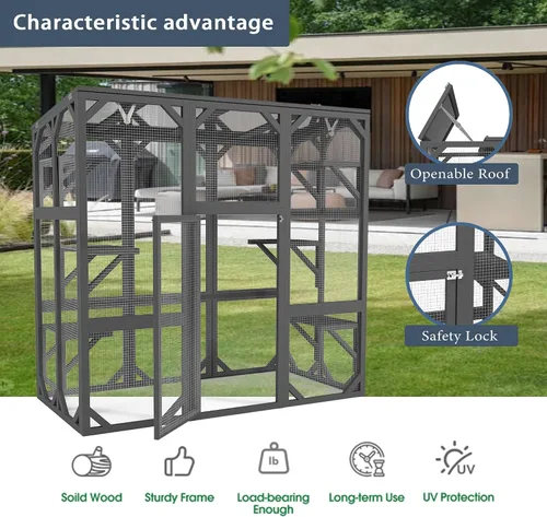 Vista 5 de Ball & Cast Catio - Casa de madera para gatos de 59 pulgadas con anti-UV e impermeable, plataformas y cajas de descanso para interiores, gris oscuro