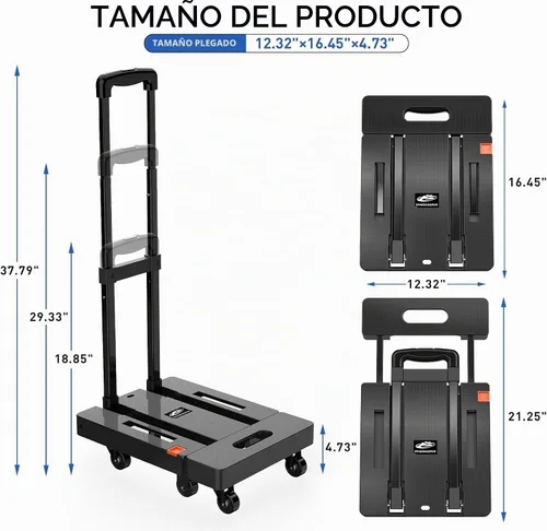 Vista 3 de SPACEKEEPER - Carro de mano plegable, carrito resistente de equipaje de 500 libras, carrito de plataforma utilitaria con 6 ruedas y 2 cuerdas