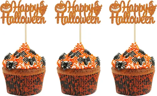 Vista 12 de Gyufise 24 adornos para cupcakes de Halloween con calabaza, fantasma, purpurina negra, decoraciones para cupcakes para niños, decoración de fiesta