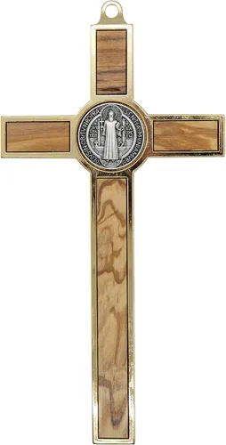 Vista 4 de Cruz de pared pequeña de San Benito, patrón de los estudiantes, 5.25 pulgadas de alto, madera y metal, gran regalo católico para bautismo, primera