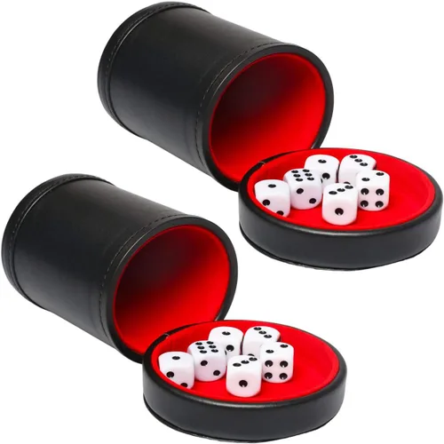 Vista 8 de Taza de dados de piel sintética marrón con tapa, taza de terciopelo interior silenciosa con 6 dados para juegos de dados mentirosos, Farkle/Yahtzee