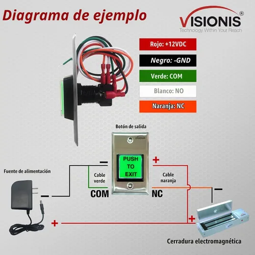 Vista 5 de Visionis VIS-7000 - Botón cuadrado verde para salida, acero, LED