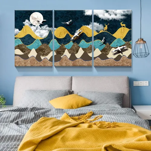 Vista 2 de Denozer 3 paneles de lienzo abstracto de estilo nórdico, arte de pared, paisaje de montaña, impresiones artísticas de luna y noche, póster