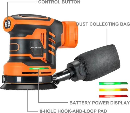 Vista 2 de Lijadora orbital inalámbrica sin escobillas de 6 velocidades máx. 21000 RPM, lijadora eléctrica de 5 pulgadas con colector de polvo compatible