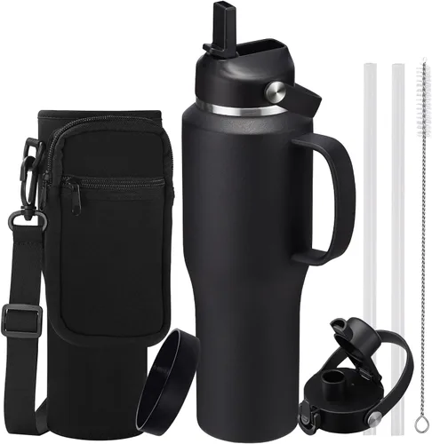 Vista 37 de Botella de agua de acero inoxidable de 32 onzas, frío-48 horas y caliente-24 horas, termo con popote y tapas de boquilla, bolsa, botella aislada al