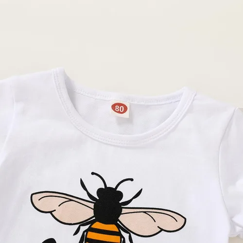 Vista 4 de YOUNGER TREE - Conjunto de ropa para bebés y niñas, camiseta de sandía y pantalones cortos de lino con cinturón, conjunto de verano lindo Abeja feliz
