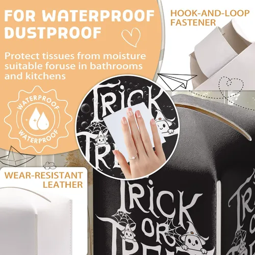 Vista 6 de Soporte para caja de pañuelos de Halloween con tapa cuadrada de cuero negro, organizador de papel facial, dispensador de papel higiénico para baño