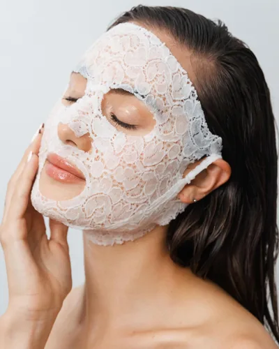 Vista 5 de Máscara facial Lace Your Face de compresión, como se ve en el programa Shark Tank, algodón biodegradable reutilizable, cuidado de la piel, Péptidos