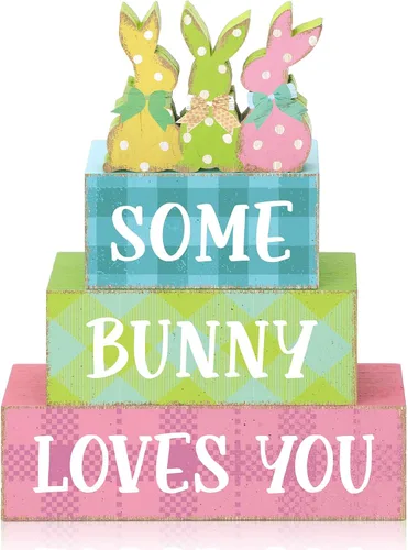 Vista 11 de 4 piezas de decoración de mesa de Pascua con texto en inglés «Happy Easter Every Bunny», letrero de madera de conejito pastel, bloques de madera