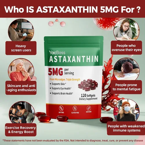 Vista 3 de Suplementos de astaxantina de 5 mg - Astaxantina Premium 120 cápsulas blandas para ojos, cerebro, piel y apoyo inmunológico, fuente de microalgas
