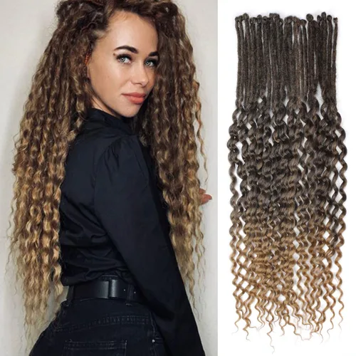 Vista 25 de Extensiones de rastas trenzadas bohemias de 24 pulgadas, 10 hebras de rastas sintéticas rizadas color marrón degradado con trenza de caja, rastas