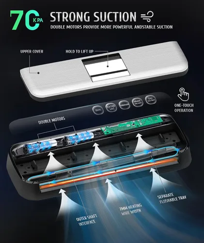 Vista 4 de Máquina selladora al vacío completamente automática de un solo toque, máquina selladora al vacío con motores dobles, cable de calefacción de 0.276