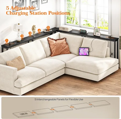 Vista 4 de HOOBRO - Mesa de consola estrecha de 63" con estación de carga, mesa de sofá de 5.9" con 2 tomas de corriente y puertos USB, mesas largas de entrada
