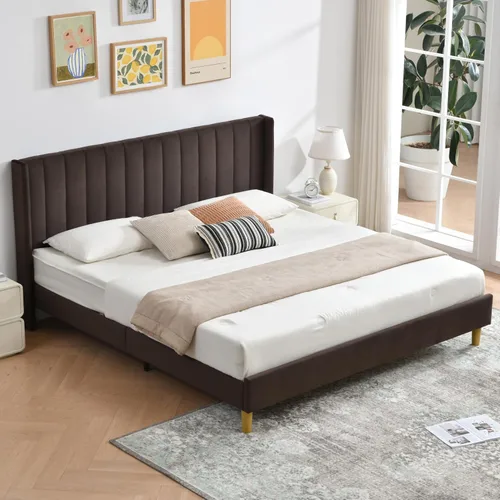 Vista 40 de Marco de cama tapizado de terciopelo individual con cabecera con respaldo de ala, color crema Cama de plataforma capitoné de canal vertical