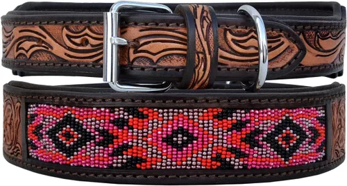 Vista 4 de Collar de cuero para perro, tamaño extra pequeño, estilo occidental, resistente, con cuentas ajustables y acolchado, suave para cachorros y perros