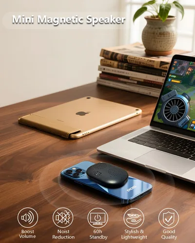Vista 4 de Altavoz Bluetooth magnético portátil - Mini amplificador de sonido inalámbrico con micrófono, volumen mejorado y voces claras para llamadas manos