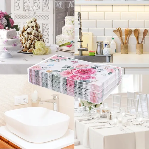Vista 5 de Servilletas de papel florales para platos, 60 servilletas desechables largas para decoración de fiesta, boda, cumpleaños, baño (rosa)