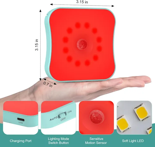 Vista 5 de Luces nocturnas rojas con sensor de movimiento, luz nocturna recargable que funciona con pilas, luces nocturnas rojas magnéticas adhesivas