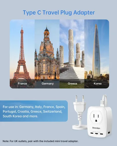 Vista 3 de BEONDON Adaptador de enchufe de viaje europeo, regleta de alimentación de 3 pies con 5 puertos USB (3 USB-C) y 2 puertos de CA, enchufes JP UK EU AU