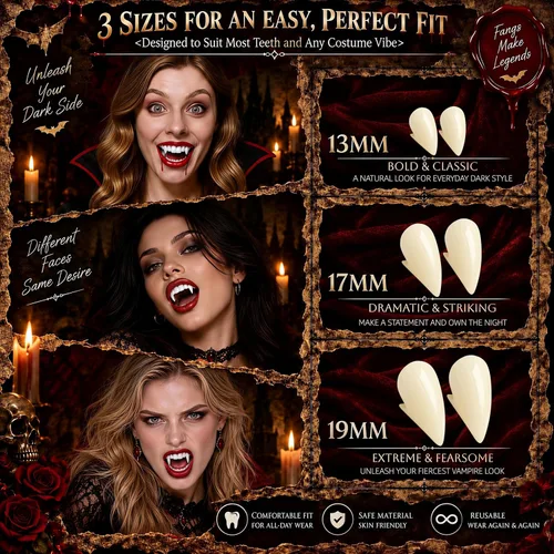 Vista 3 de Dientes de vampiro, colmillos de vampiro realistas para fiesta de Halloween Marfil suave