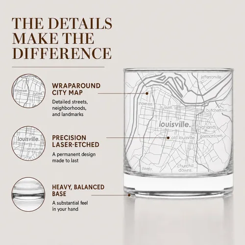 Vista 4 de Well Told Vaso de rocas grabado con mapa de Akron, Ohio, cristalería estilo antiguo (325ml, transparente) Vaso de bourbon grabado, regalos