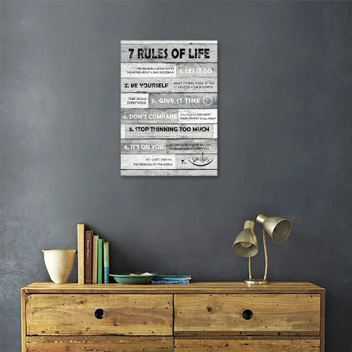 Vista 3 de Arte de pared inspirador con citas motivacionales, 7 reglas de la vida, impresiones en lienzo de tablero de madera, pintura en lienzo con citas