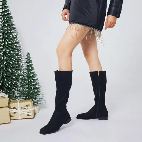 Vista 4 de GENSHUO Botas altas hasta la rodilla para mujer, cómodas botas de tacón plano vintage con punta cuadrada para otoño e invierno, con cremallera