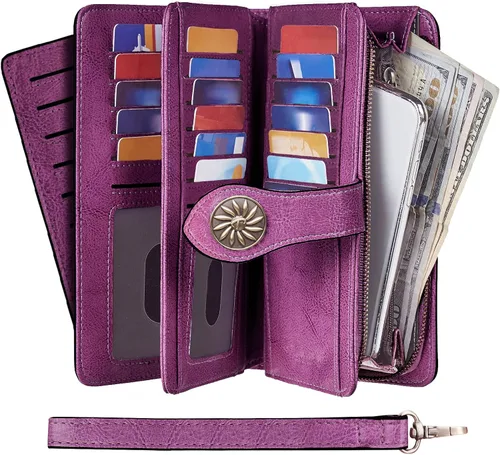 Vista 2 de Travelambo Billetera de gran capacidad con bloqueo RFID para mujer carteras de cuero genuino